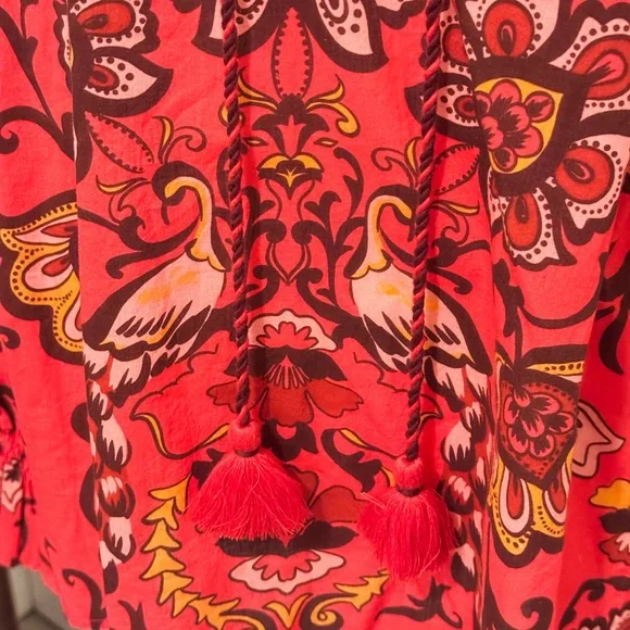 Cara Cara Luxe Bohemian Cotton Floral Red Women's PeasantTop Sz L - Picture 2 of 11